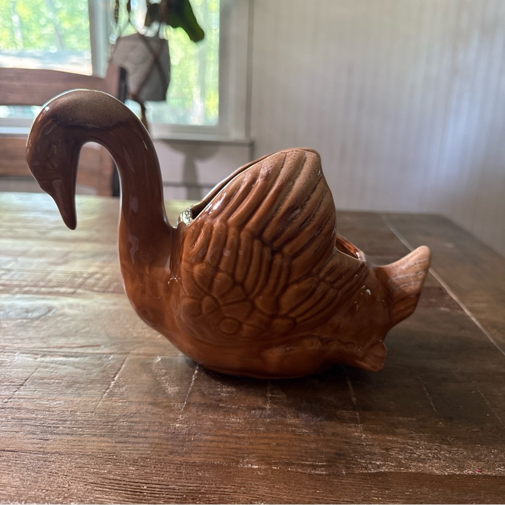 Vintage Brown Drip Glaze Ceramic Swan Planter. Mid century modern